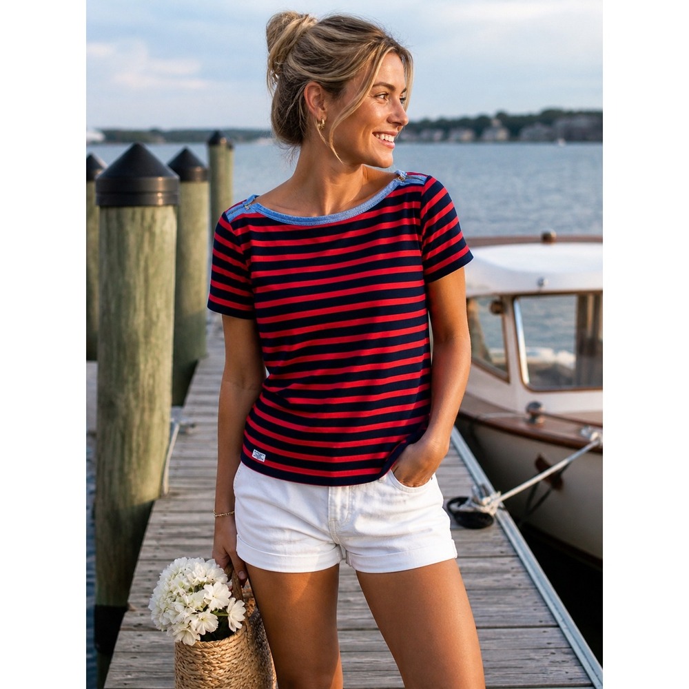 Lauren Ralph Lauren Striped Boat Neck Top Red Navy Shoulder Zip Cotton XL Y2k